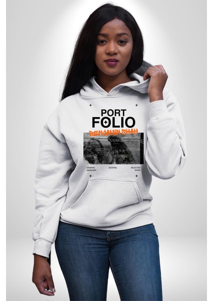 Modern Art Portfolio Design Kadın Erkek Baskılı Üç Iplik Beyaz Kapüşonlu Hodie Sweatshirt