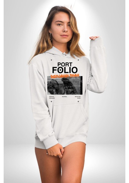 Modern Art Portfolio Design Kadın Erkek Baskılı Üç Iplik Beyaz Kapüşonlu Hodie Sweatshirt
