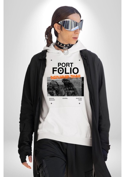 Modern Art Portfolio Design Kadın Erkek Baskılı Üç Iplik Beyaz Kapüşonlu Hodie Sweatshirt