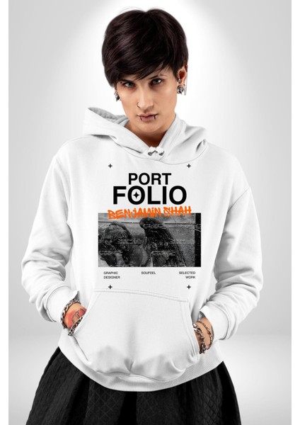 Modern Art Portfolio Design Kadın Erkek Baskılı Üç Iplik Beyaz Kapüşonlu Hodie Sweatshirt