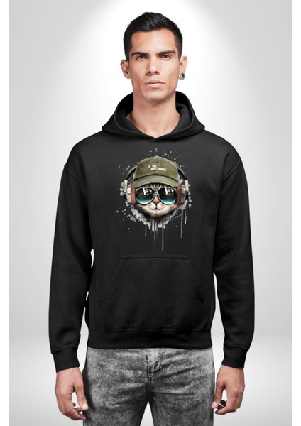 Sokak Tarzı Havalı Kedi Kadın Erkek Baskılı Üç Iplik Siyah Kapüşonlu Hodie Sweatshirt modelleri