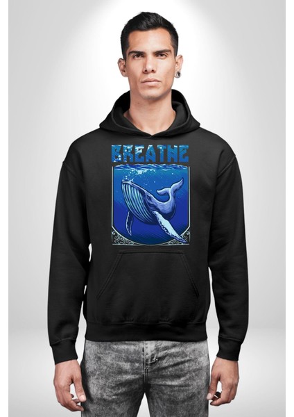 Nefes Al Okyanus Balina Deniz Canlısı Kadın Erkek Baskılı Üç Iplik Siyah Kapüşonlu Hodie Sweatshirt modelleri