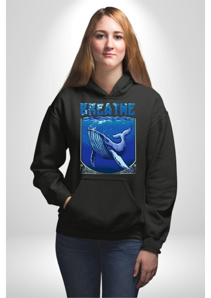Nefes Al Okyanus Balina Deniz Canlısı Kadın Erkek Baskılı Üç Iplik Siyah Kapüşonlu Hodie Sweatshirt fırsatları