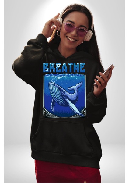 Nefes Al Okyanus Balina Deniz Canlısı Kadın Erkek Baskılı Üç Iplik Siyah Kapüşonlu Hodie Sweatshirt indirimleri