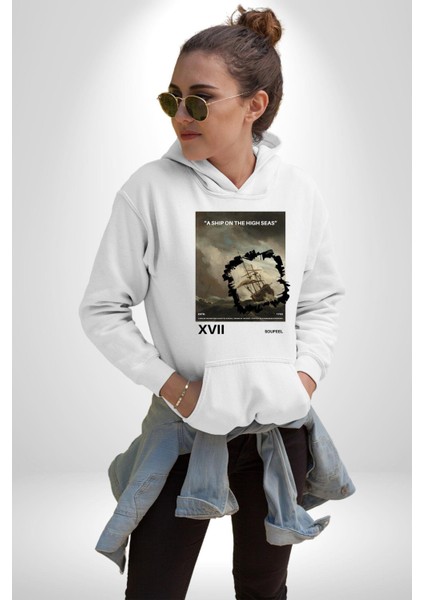 Açık Denizlerde Bir Gemi Kadın Erkek Baskılı Üç Iplik Beyaz Kapüşonlu Hodie Sweatshirt