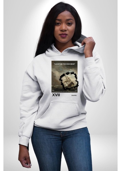 Açık Denizlerde Bir Gemi Kadın Erkek Baskılı Üç Iplik Beyaz Kapüşonlu Hodie Sweatshirt fiyatları