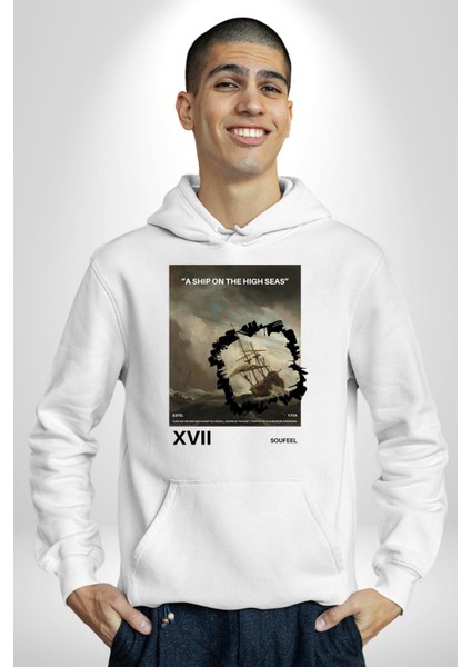 Açık Denizlerde Bir Gemi Kadın Erkek Baskılı Üç Iplik Beyaz Kapüşonlu Hodie Sweatshirt modelleri