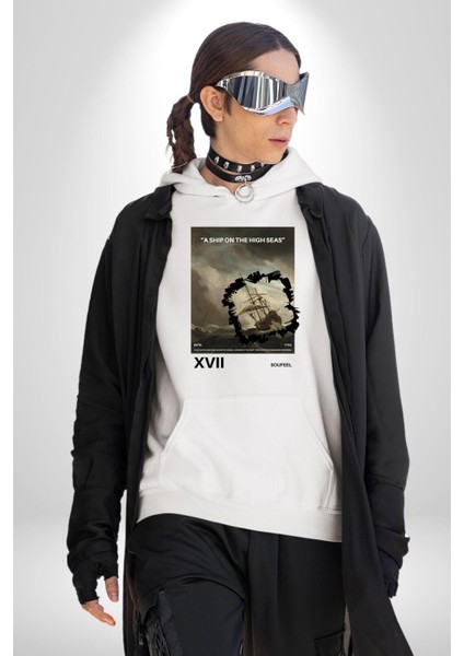 Açık Denizlerde Bir Gemi Kadın Erkek Baskılı Üç Iplik Beyaz Kapüşonlu Hodie Sweatshirt indirimleri