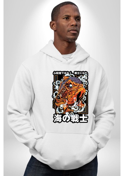 Japon Koi Balığı Efsane Balık Kadın Erkek Baskılı Üç Iplik Beyaz Kapüşonlu Hodie Sweatshirt