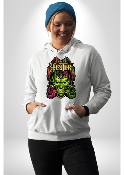 Jester Cadılar Bayramı Karakter Kadın Erkek Baskılı Üç Iplik Beyaz Kapüşonlu Hodie Sweatshirt