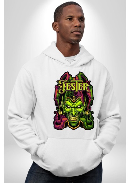 Jester Cadılar Bayramı Karakter Kadın Erkek Baskılı Üç Iplik Beyaz Kapüşonlu Hodie Sweatshirt fiyatları