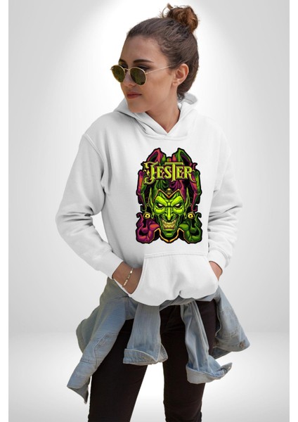 Jester Cadılar Bayramı Karakter Kadın Erkek Baskılı Üç Iplik Beyaz Kapüşonlu Hodie Sweatshirt modelleri