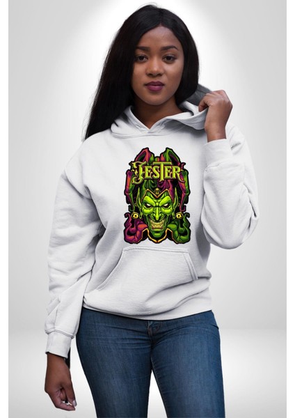 Jester Cadılar Bayramı Karakter Kadın Erkek Baskılı Üç Iplik Beyaz Kapüşonlu Hodie Sweatshirt fırsatları