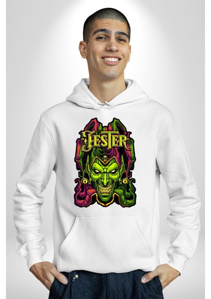 Jester Cadılar Bayramı Karakter Kadın Erkek Baskılı Üç Iplik Beyaz Kapüşonlu Hodie Sweatshirt indirimleri