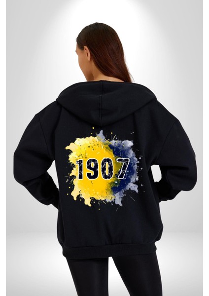 Sarı Lacivert Kuruluş Tarihi Şanlı Kadın Erkek Baskılı Fermuarlı Kapüşonlu Hırka Sweatshirt indirimleri