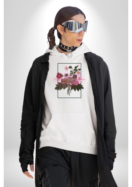 Ne Yapıyorsun Neon Çiçekler Kadın Erkek Baskılı Üç Iplik Beyaz Kapüşonlu Hodie Sweatshirt fırsatları