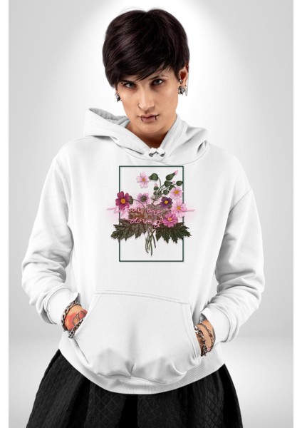 Ne Yapıyorsun Neon Çiçekler Kadın Erkek Baskılı Üç Iplik Beyaz Kapüşonlu Hodie Sweatshirt indirimleri