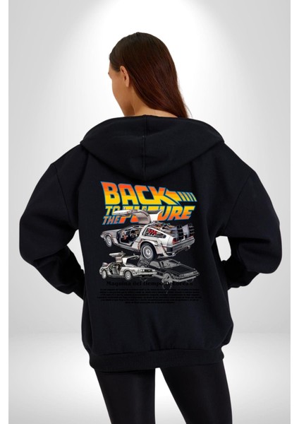 Geleceğe Dönüş Efsane Arabası Kadın Erkek Baskılı Fermuarlı Kapüşonlu Hırka Sweatshirt