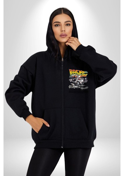 Geleceğe Dönüş Efsane Arabası Kadın Erkek Baskılı Fermuarlı Kapüşonlu Hırka Sweatshirt