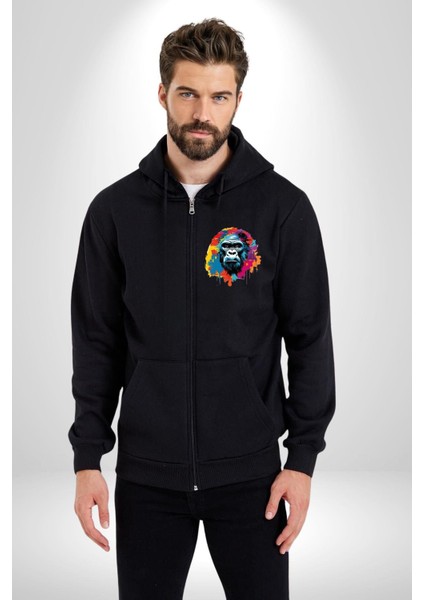 Rengarenk Asil Duruşlu Goril Kadın Erkek Baskılı Fermuarlı Kapüşonlu Hırka Sweatshirt fiyatları