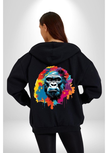 Rengarenk Asil Duruşlu Goril Kadın Erkek Baskılı Fermuarlı Kapüşonlu Hırka Sweatshirt modelleri