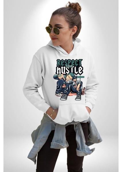 Koşuşturmaya Saygı Duy Kadın Erkek Baskılı Üç Iplik Beyaz Kapüşonlu Hodie Sweatshirt