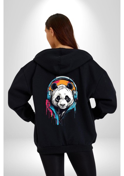 Kulaklıklı Tatlı Havalı Panda Kadın Erkek Baskılı Fermuarlı Kapüşonlu Hırka Sweatshirt indirimleri