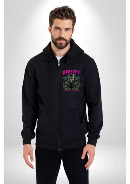 Uzay Canavarı Gerçeklik Kadın Erkek Baskılı Fermuarlı Kapüşonlu Hırka Sweatshirt