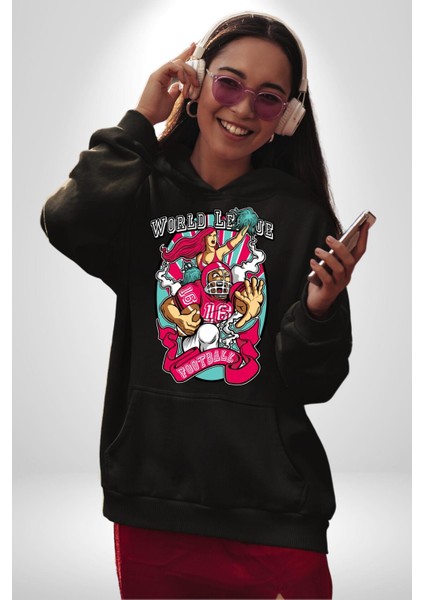 Dünya Ligi Amerikan Futbolu Amigo Kız Kadın Erkek Baskılı Üç Iplik Siyah Kapüşonlu Hodie Sweatshirt modelleri