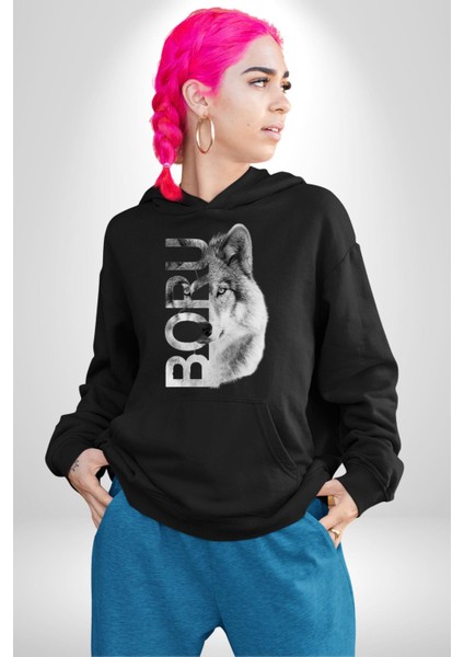 Asker Kurt Börü Kadın Erkek Baskılı Üç Iplik Siyah Kapüşonlu Hodie Sweatshirt