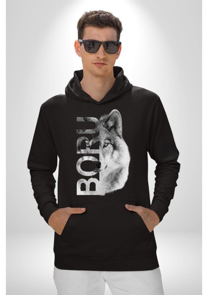 Asker Kurt Börü Kadın Erkek Baskılı Üç Iplik Siyah Kapüşonlu Hodie Sweatshirt fiyatları