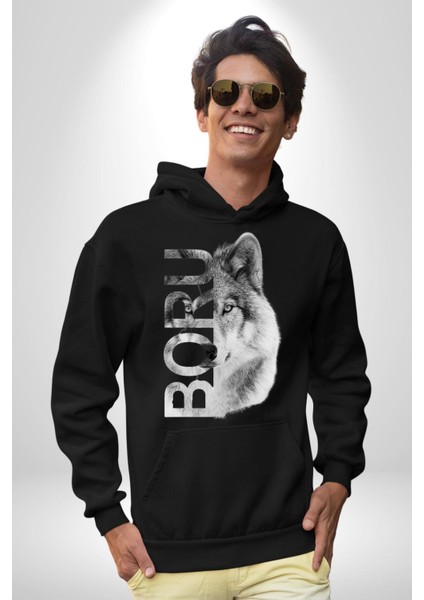 Asker Kurt Börü Kadın Erkek Baskılı Üç Iplik Siyah Kapüşonlu Hodie Sweatshirt modelleri