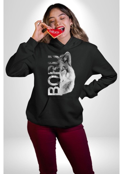 Asker Kurt Börü Kadın Erkek Baskılı Üç Iplik Siyah Kapüşonlu Hodie Sweatshirt fırsatları