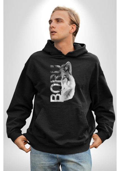 Asker Kurt Börü Kadın Erkek Baskılı Üç Iplik Siyah Kapüşonlu Hodie Sweatshirt indirimleri