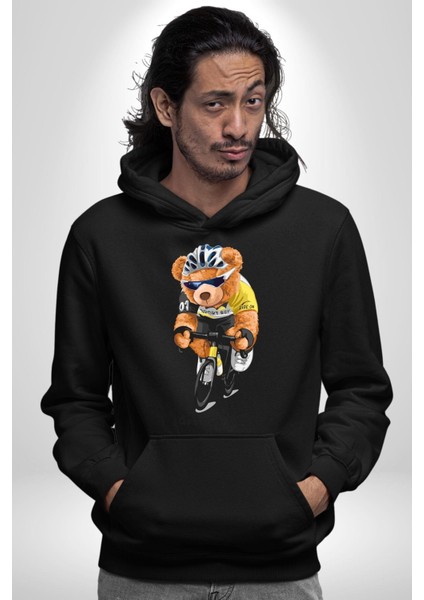 Bisiklet Süren Havalı Oyuncak Ayı Kadın Erkek Baskılı Üç Iplik Siyah Kapüşonlu Hodie Sweatshirt