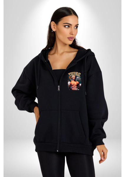 Tupac Shakur Rap Efsanesi Imza Kadın Erkek Baskılı Fermuarlı Kapüşonlu Hırka Sweatshirt
