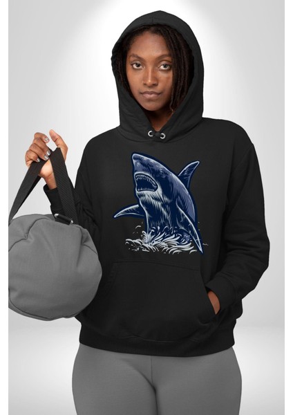 Denizler Hakimi Köpekbalığı Kadın Erkek Baskılı Üç Iplik Siyah Kapüşonlu Hodie Sweatshirt
