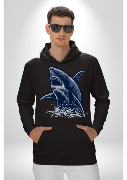 Denizler Hakimi Köpekbalığı Kadın Erkek Baskılı Üç Iplik Siyah Kapüşonlu Hodie Sweatshirt fırsatları