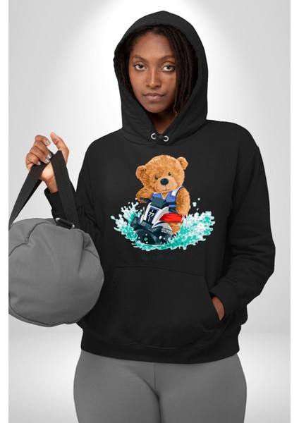 Jetski Süren Oyuncak Ayı Kadın Erkek Baskılı Üç Iplik Siyah Kapüşonlu Hodie Sweatshirt