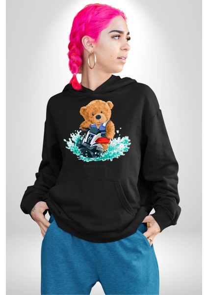 Jetski Süren Oyuncak Ayı Kadın Erkek Baskılı Üç Iplik Siyah Kapüşonlu Hodie Sweatshirt modelleri