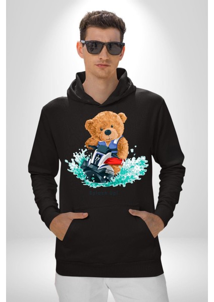 Jetski Süren Oyuncak Ayı Kadın Erkek Baskılı Üç Iplik Siyah Kapüşonlu Hodie Sweatshirt fırsatları