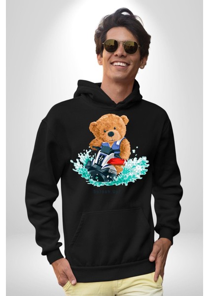 Jetski Süren Oyuncak Ayı Kadın Erkek Baskılı Üç Iplik Siyah Kapüşonlu Hodie Sweatshirt indirimleri