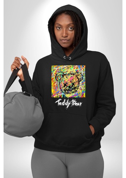 Sanatsal Teddy Ayı Kadın Erkek Baskılı Üç Iplik Siyah Kapüşonlu Hodie Sweatshirt