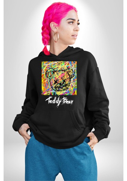 Sanatsal Teddy Ayı Kadın Erkek Baskılı Üç Iplik Siyah Kapüşonlu Hodie Sweatshirt modelleri