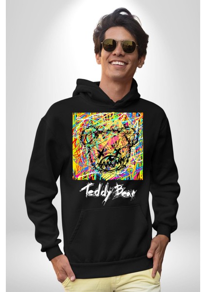 Sanatsal Teddy Ayı Kadın Erkek Baskılı Üç Iplik Siyah Kapüşonlu Hodie Sweatshirt indirimleri