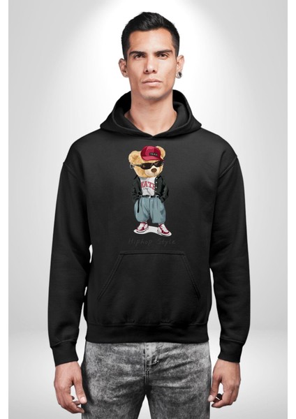 Hip Hop Tarzı Oyuncak Ayı Kadın Erkek Baskılı Üç Iplik Siyah Kapüşonlu Hodie Sweatshirt
