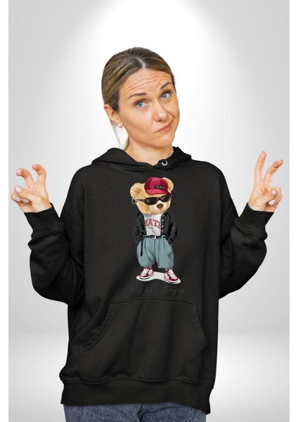 Hip Hop Tarzı Oyuncak Ayı Kadın Erkek Baskılı Üç Iplik Siyah Kapüşonlu Hodie Sweatshirt fırsatları