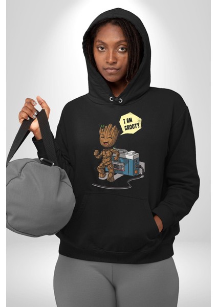 I Am Groot Kaset Çalar Müzik Kadın Erkek Baskılı Üç Iplik Siyah Kapüşonlu Hodie Sweatshirt