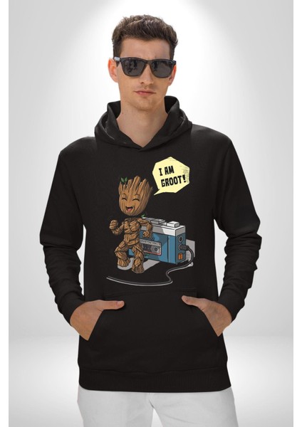 I Am Groot Kaset Çalar Müzik Kadın Erkek Baskılı Üç Iplik Siyah Kapüşonlu Hodie Sweatshirt