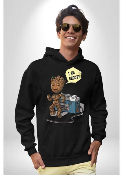 I Am Groot Kaset Çalar Müzik Kadın Erkek Baskılı Üç Iplik Siyah Kapüşonlu Hodie Sweatshirt